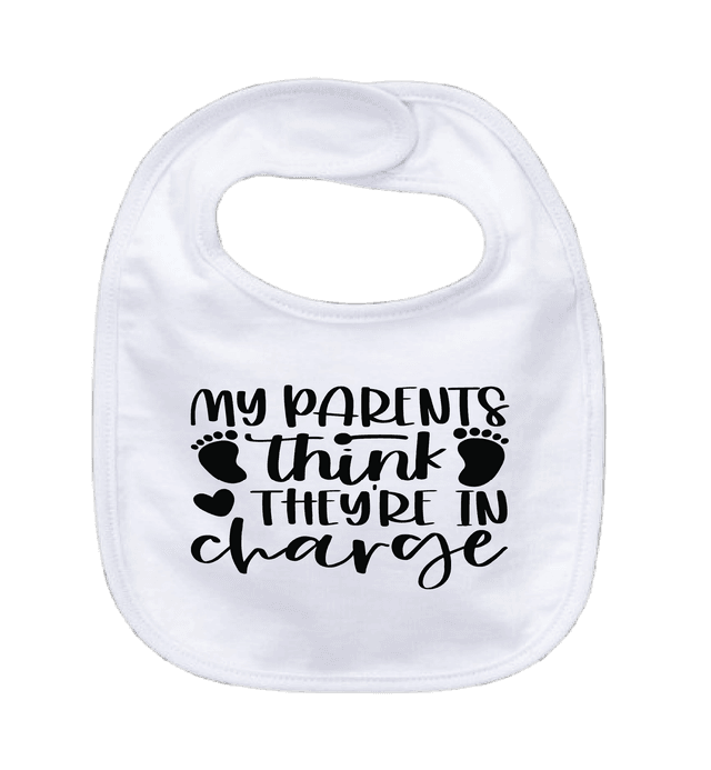 MY PARENTS THINK THEY&#039;RE IN CHARGE - 0–3 Month Baby Bib – White | Adroit Baby