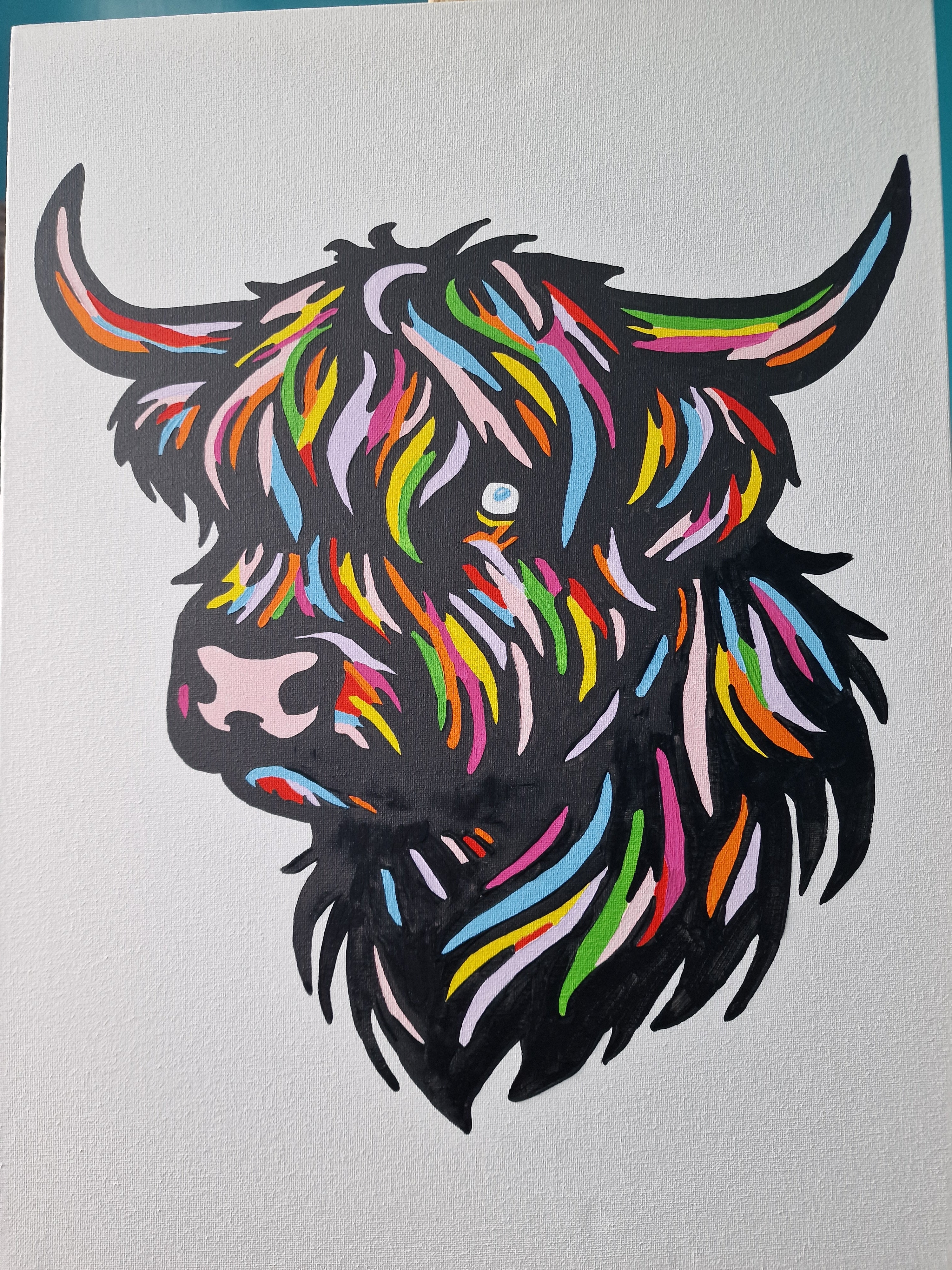 Colourful Highland Cow Canvas Art | Hand Painted Scottish Cow Painting on Deep Edge Canvas | Modern Farmhouse Wall Decor