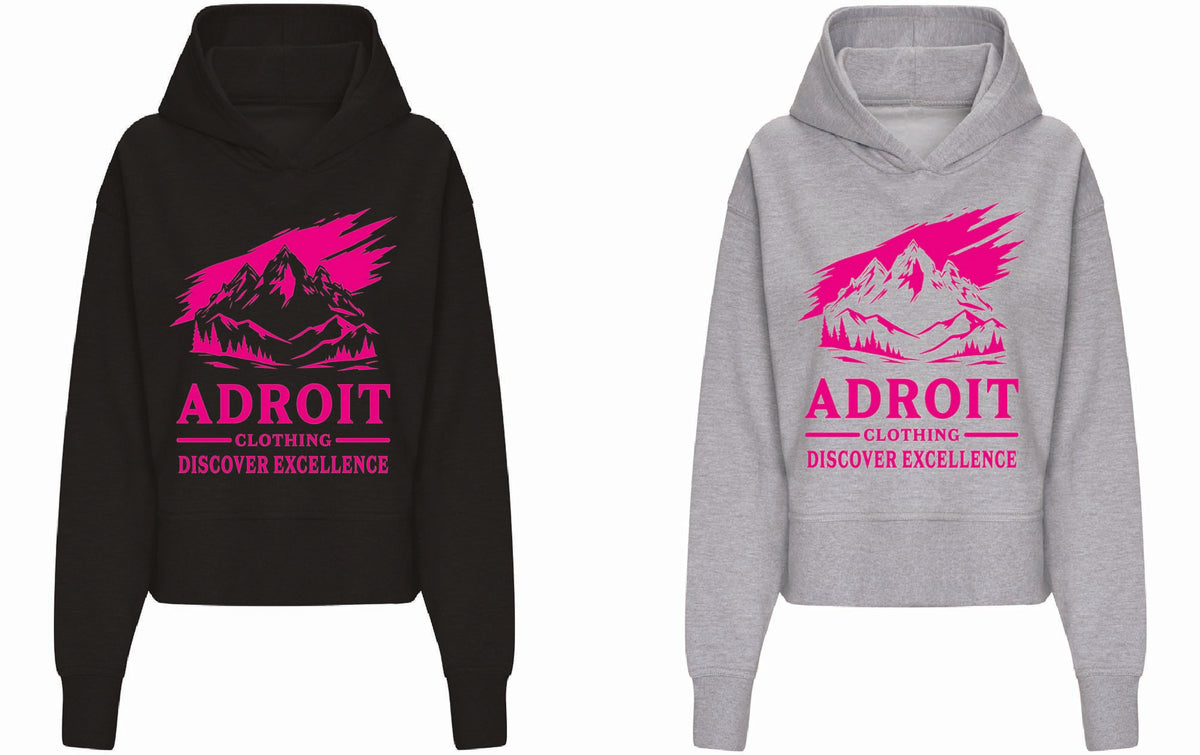AC Hot Pink Mountain Cropped Hoodie – Women's Heather Grey or Deep Black | Adroit Clothing