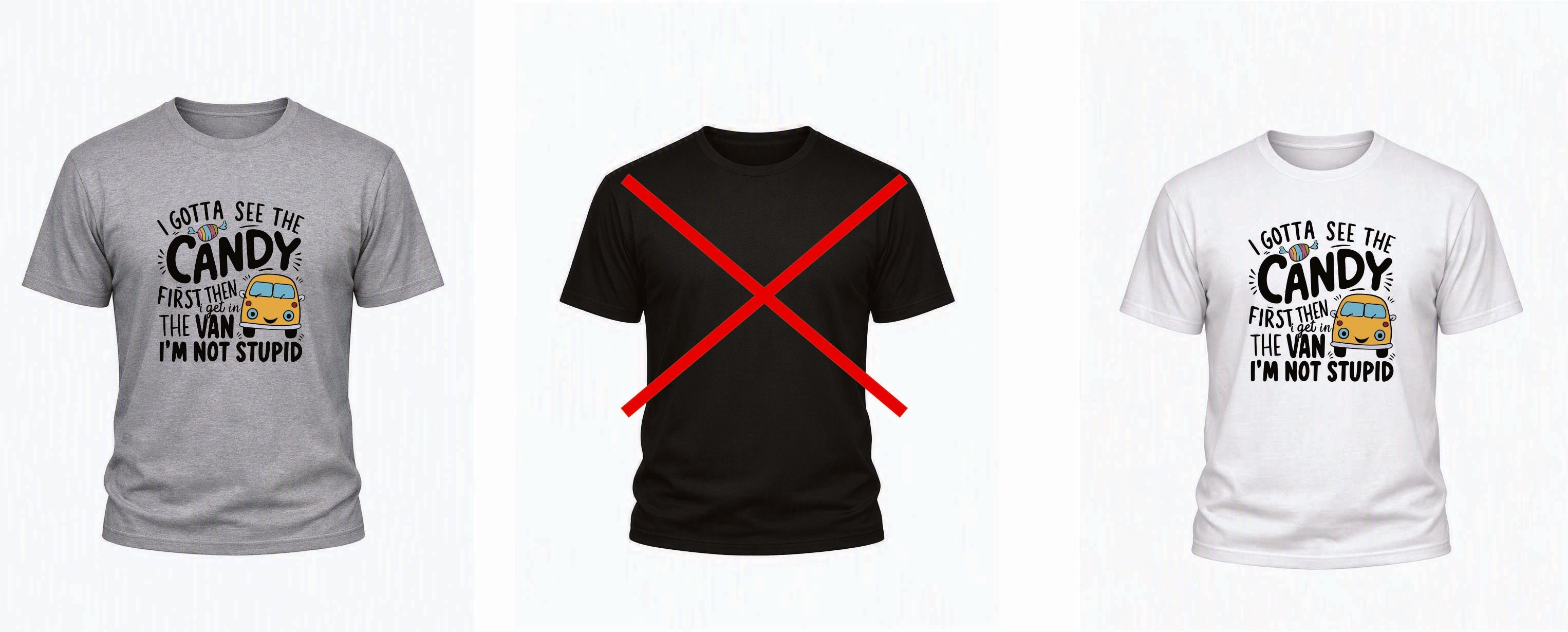 Candy Van T‑Shirt – Adults S–5XL – Dark Humour Graphic – Black, White & Grey – Adroit Clothing UK