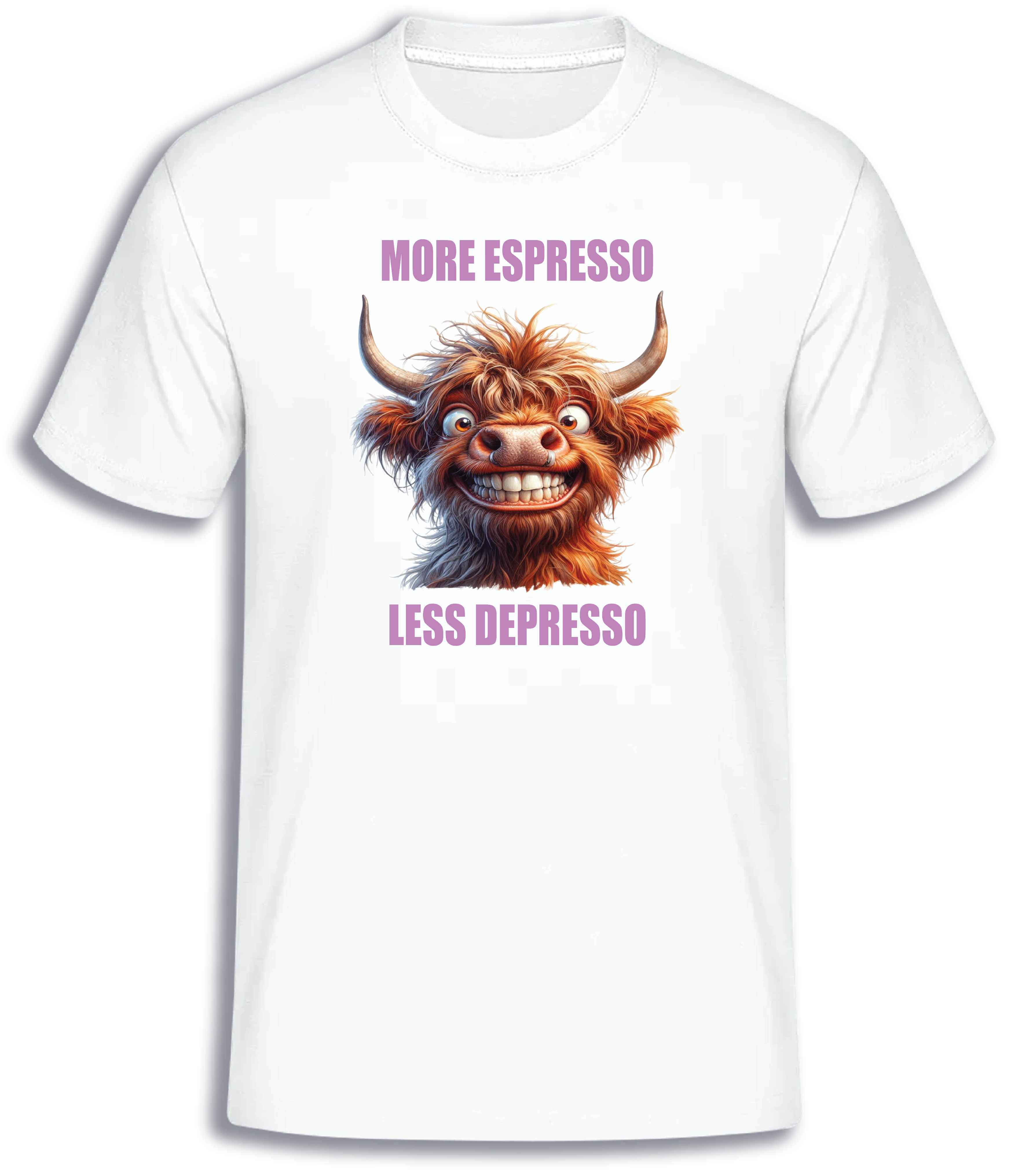 ADROIT CREATIONS ESPRESSO HIGHLAND COW T-SHIRT (WHITE)