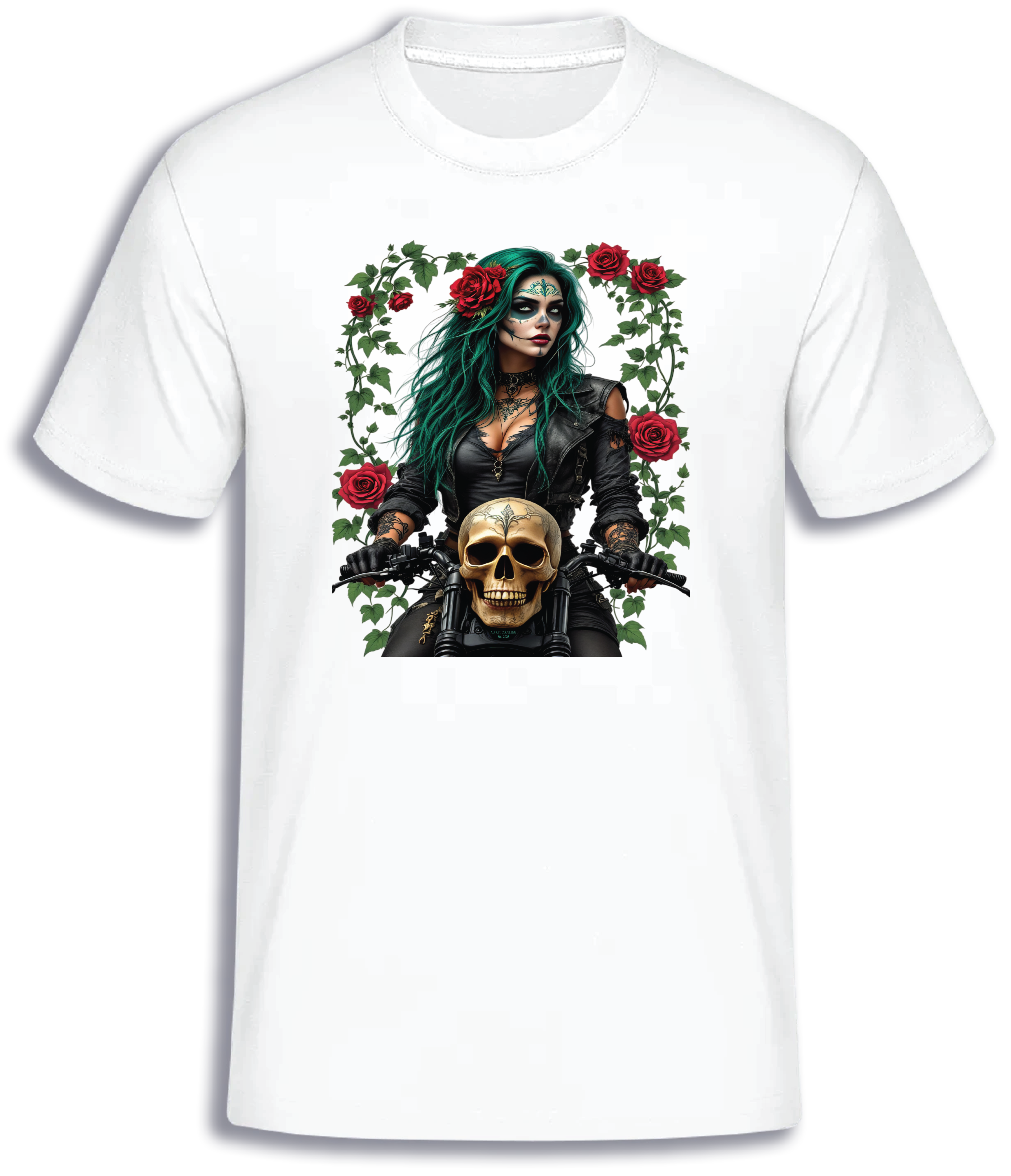 ADROIT CREATIONS GOTH WOMAN ON BIKE T-SHIRT (WHITE)