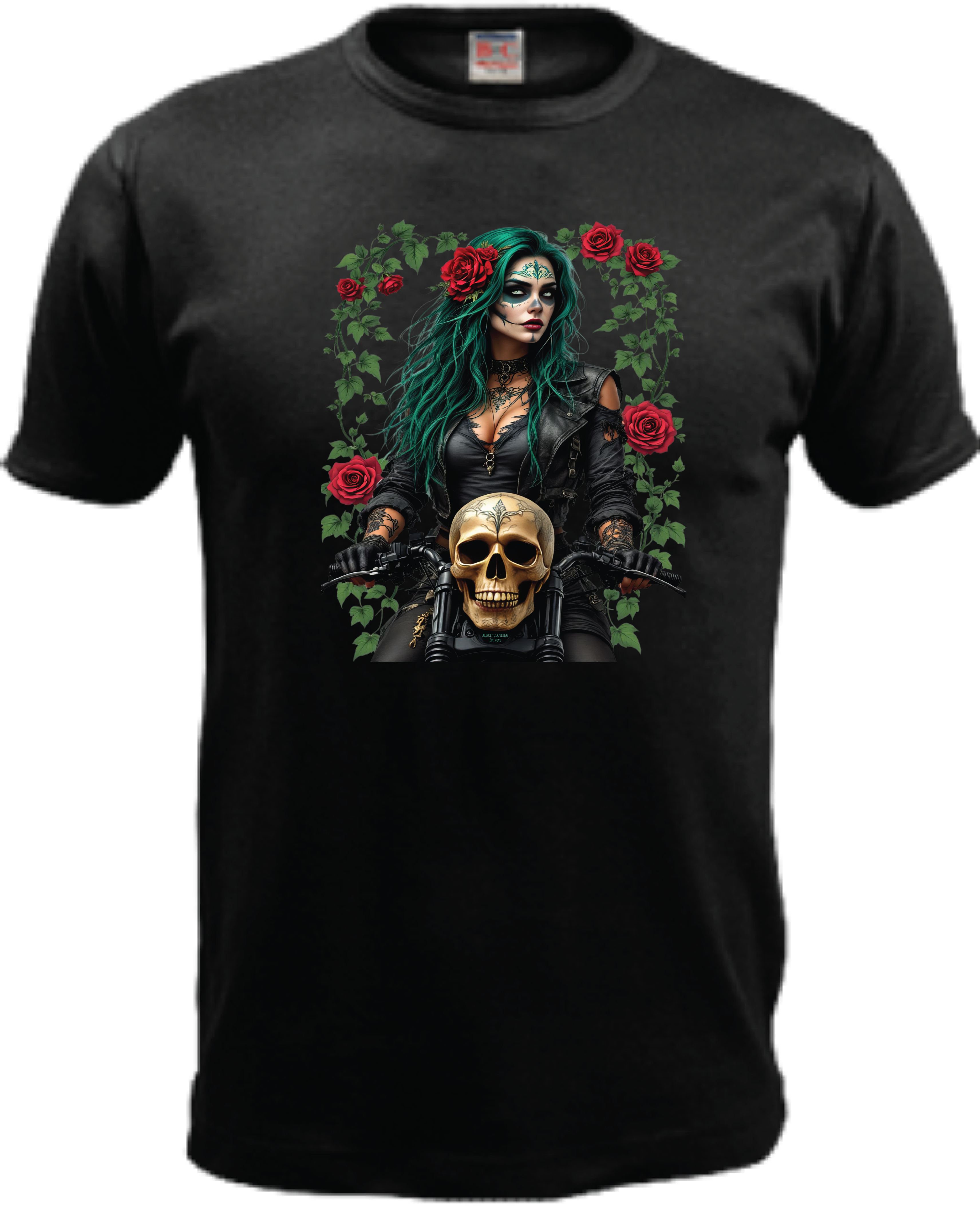 ADROIT CREATIONS GOTH WOMAN ON BIKE T-SHIRT (BLACK)