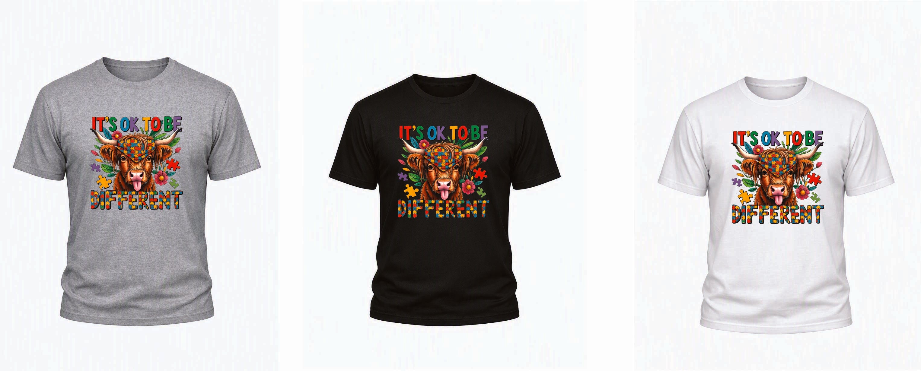 It’s Okay to Be Different Highland Cow T‑Shirt – Kids 1–15yrs & Adults S–5XL – Black, White & Grey – Adroit Kids & Adroit Clothing UK