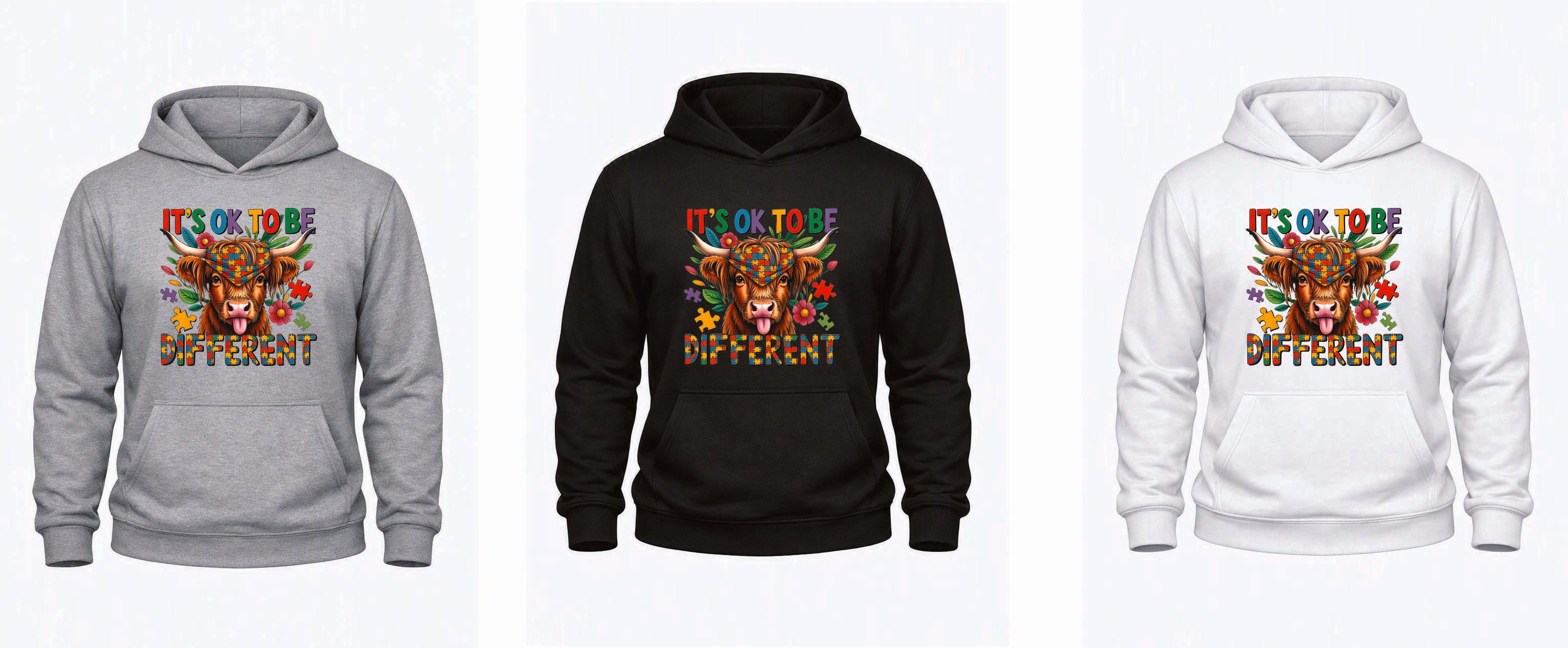 It’s Okay to Be Different Highland Cow Autism Hoodie – Kids 1–13yrs & Adults S–5XL – Black, White & Grey – Adroit Kids & Adroit Clothing UK – Adroit Creations
