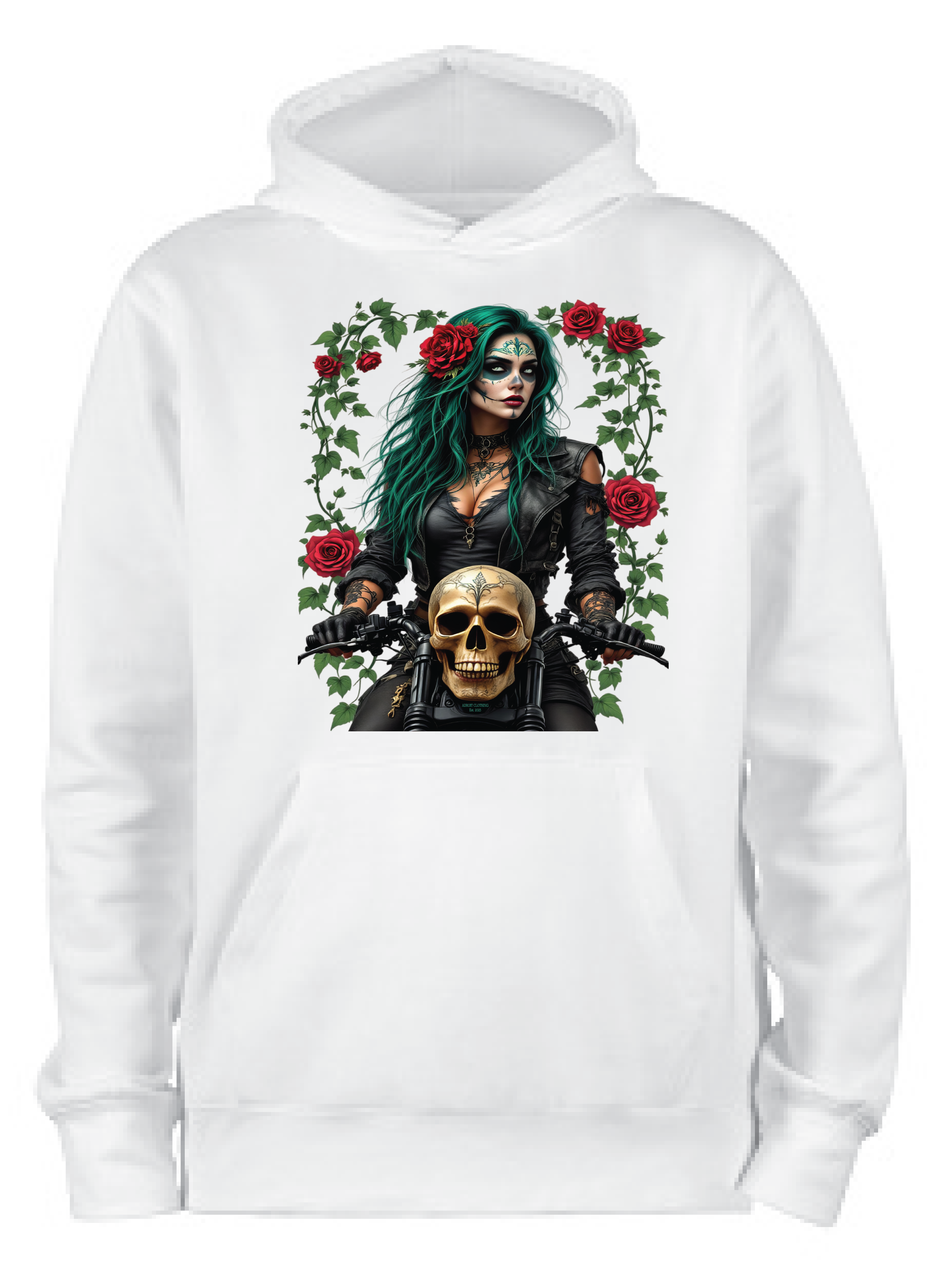 ADROIT CREATIONS GOTH WOMAN ON BIKE HOODIE (WHITE)