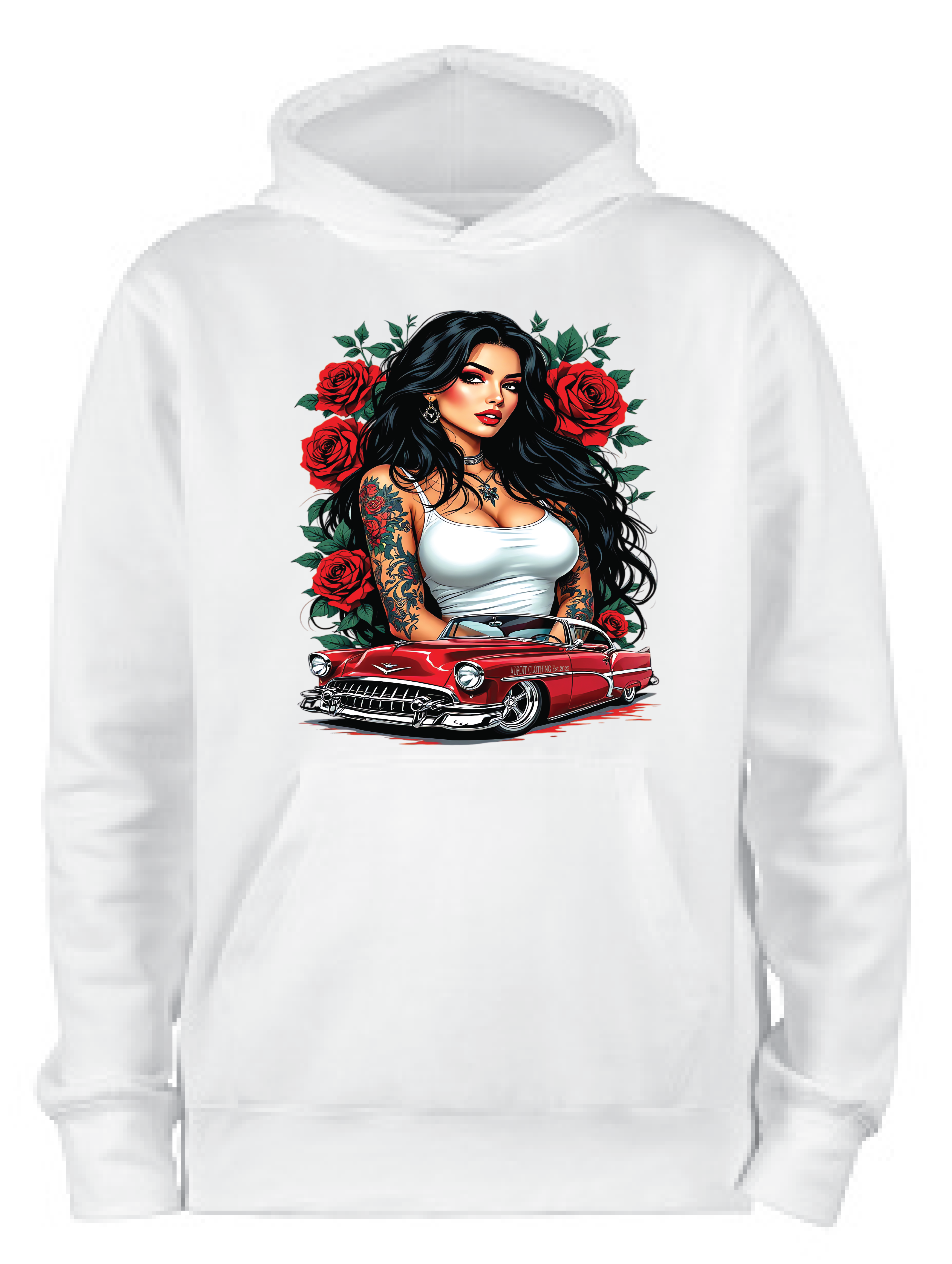 ADROIT CREATIONS LATINO WOMAN & LOWRIDER HOODIE (WHITE)