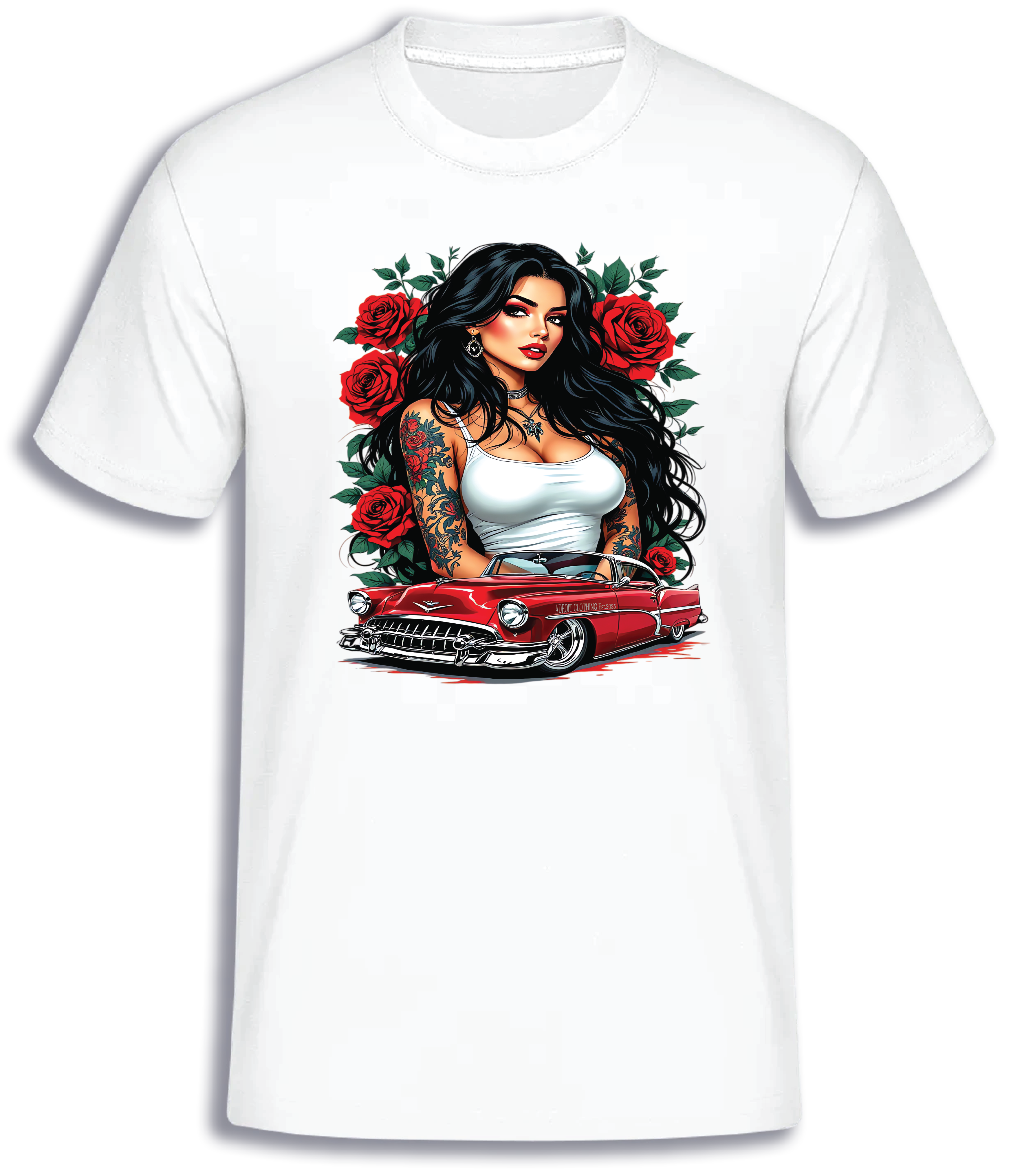 ADROIT CREATIONS LATINO WOMAN & LOWRIDER T-SHIRT (WHITE)