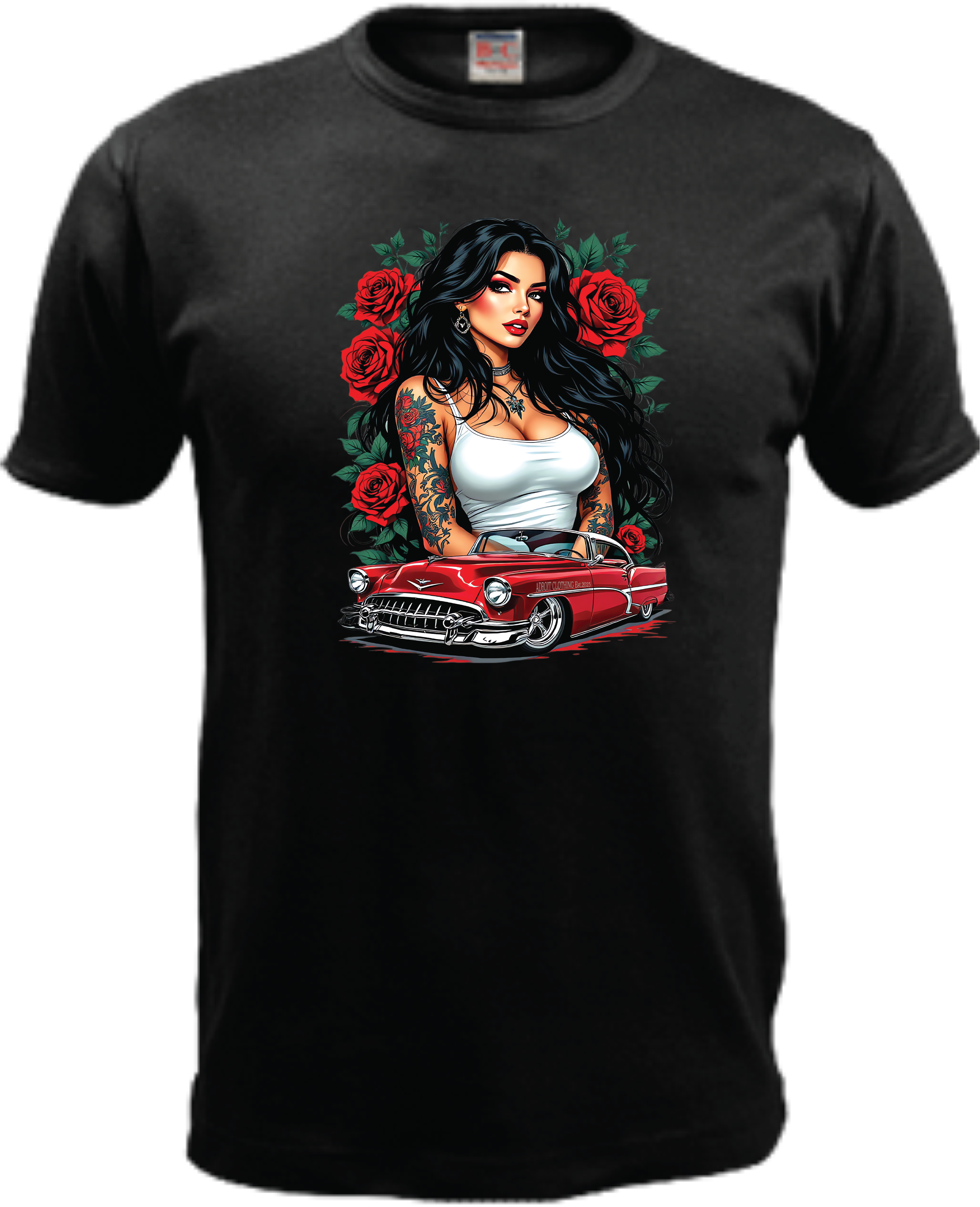 ADROIT CREATIONS LATINO WOMAN & LOWRIDER T-SHIRT (BLACK)