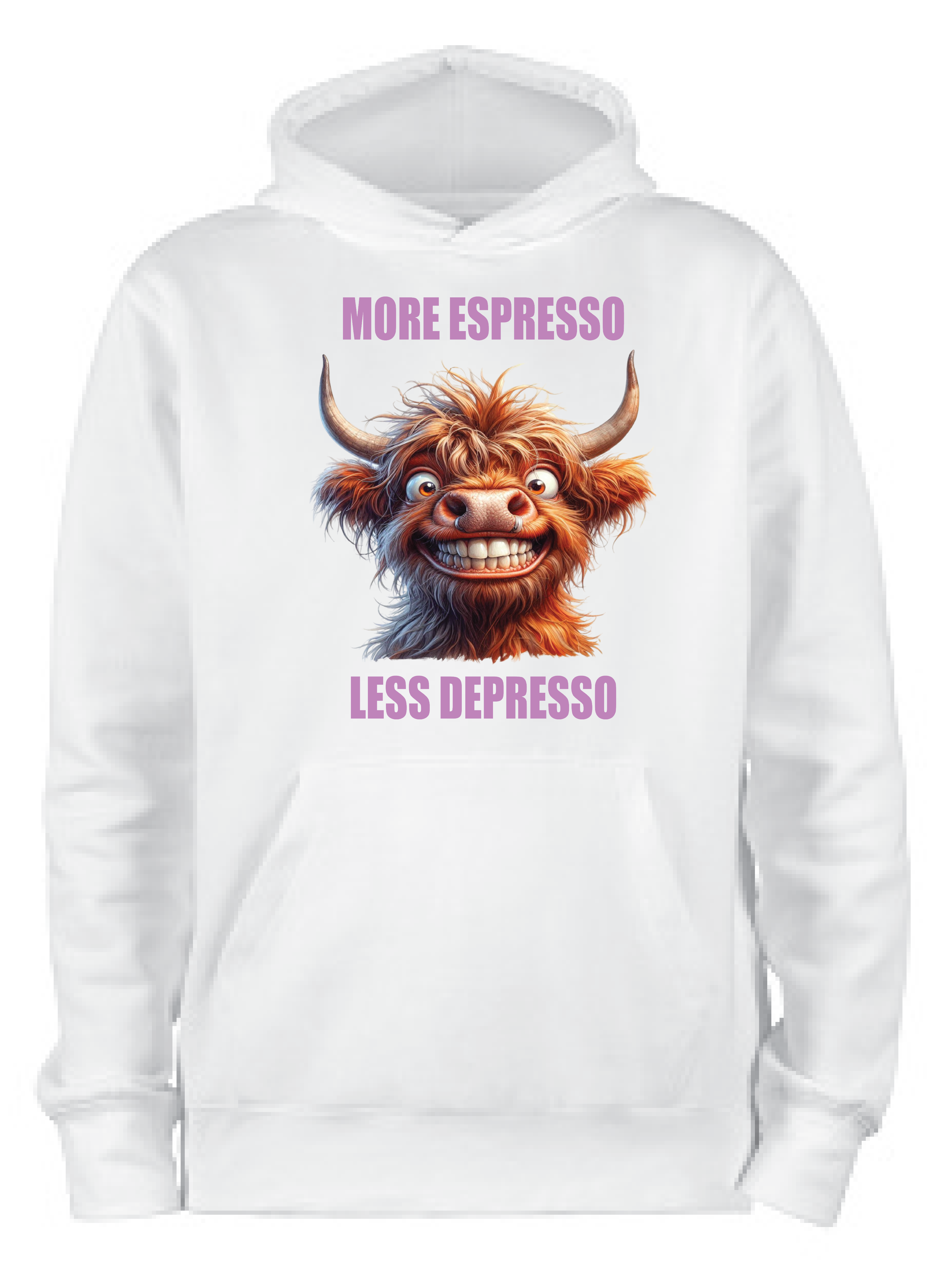 ADROIT CREATIONS ESPRESSO HIGHLAND COW HOODIE (WHITE)