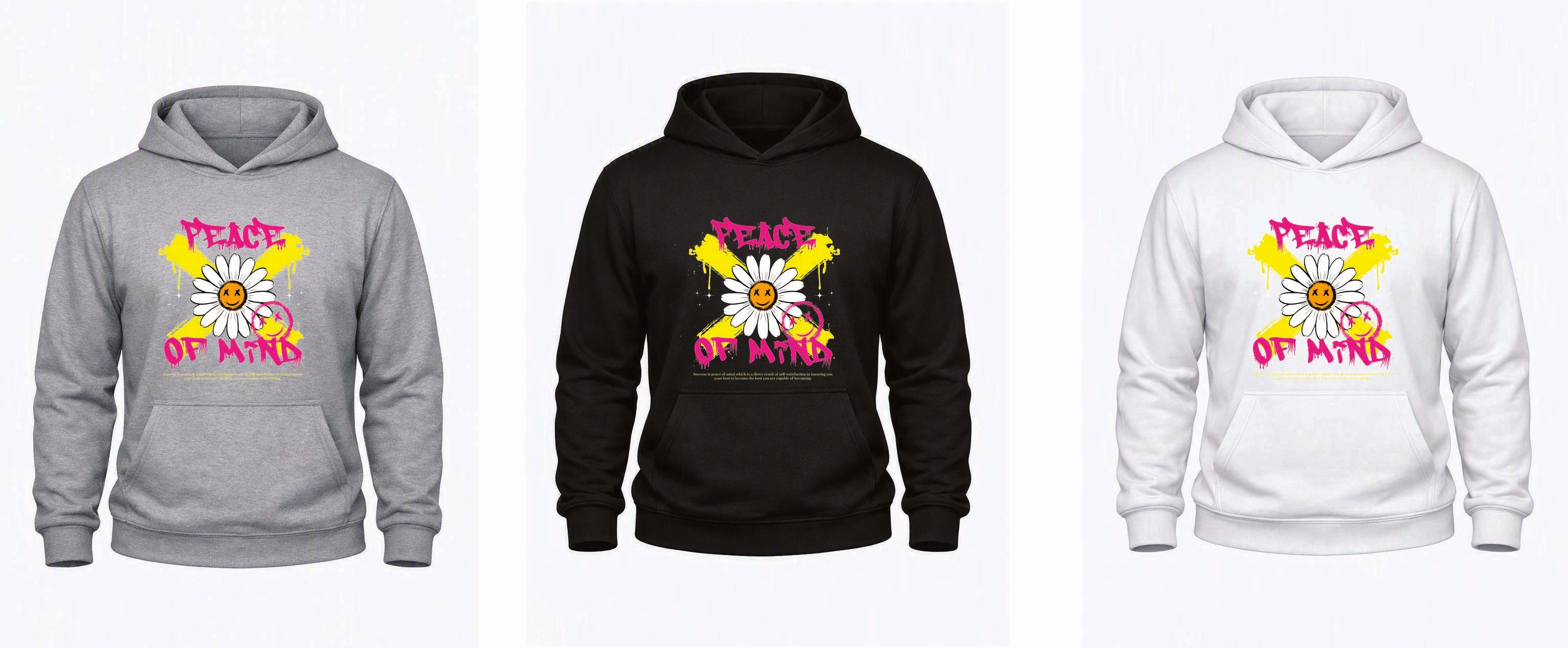 Peace of Mind Graffiti Daisy Hoodie – Kids 1–13yrs & Adults S–5XL – Black, White & Grey – Adroit Kids & Adroit Clothing UK – Adroit Creations