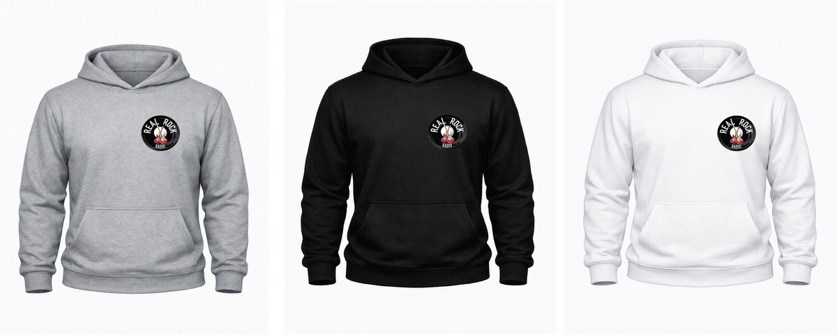 Official Real Rock Radio Hoodie | Black or White | Sizes S–5XL | Adroit Clothing UK