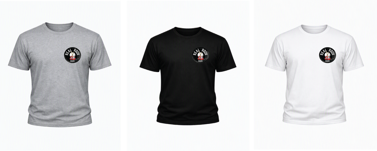 Official Real Rock Radio T‑Shirt – 100% Ringspun Cotton – Black or White – Sizes S–5XL – Adroit Clothing UK