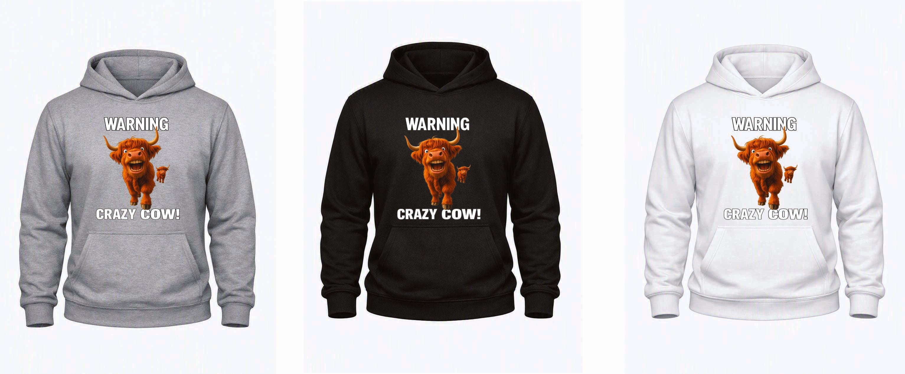 Warning Crazy Cow Hoodie – Kids 1–13yrs & Adults S–5XL – Black, White & Grey – Adroit Kids & Adroit Clothing UK – Adroit Creations
