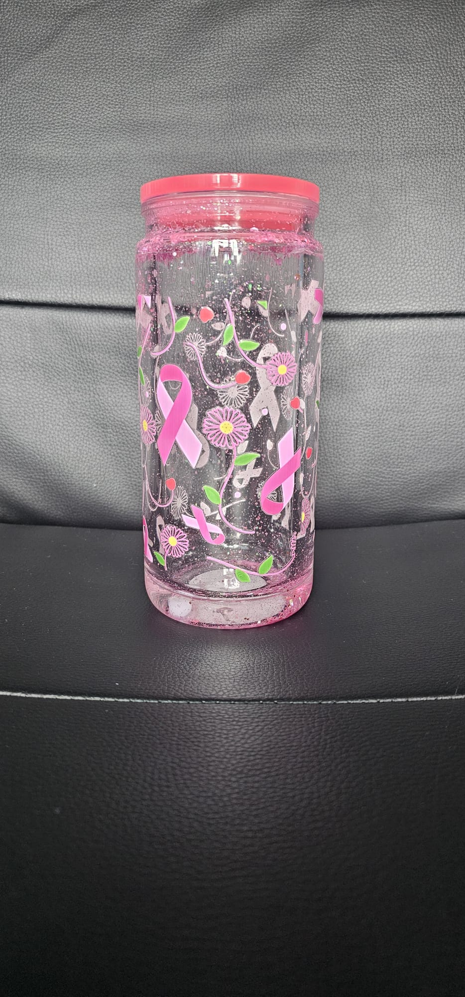 20oz Pink Ribbon Breast Cancer Snow Globe Tumbler with Bow | Handmade Glitter Cup | Sassy Sips by KHCH