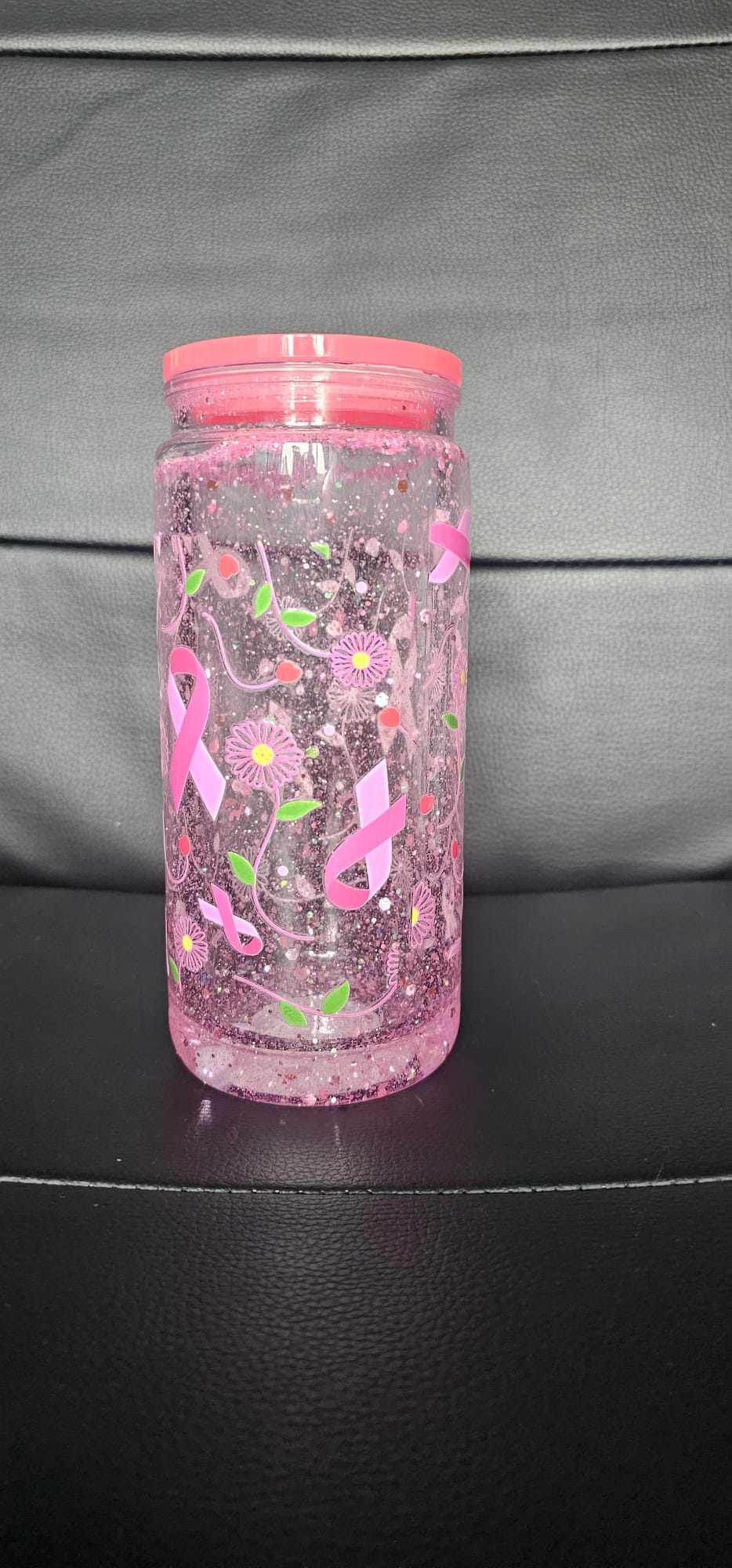 20oz Pink Ribbon Breast Cancer Snow Globe Tumbler with Bow | Handmade Glitter Cup | Sassy Sips by KHCH