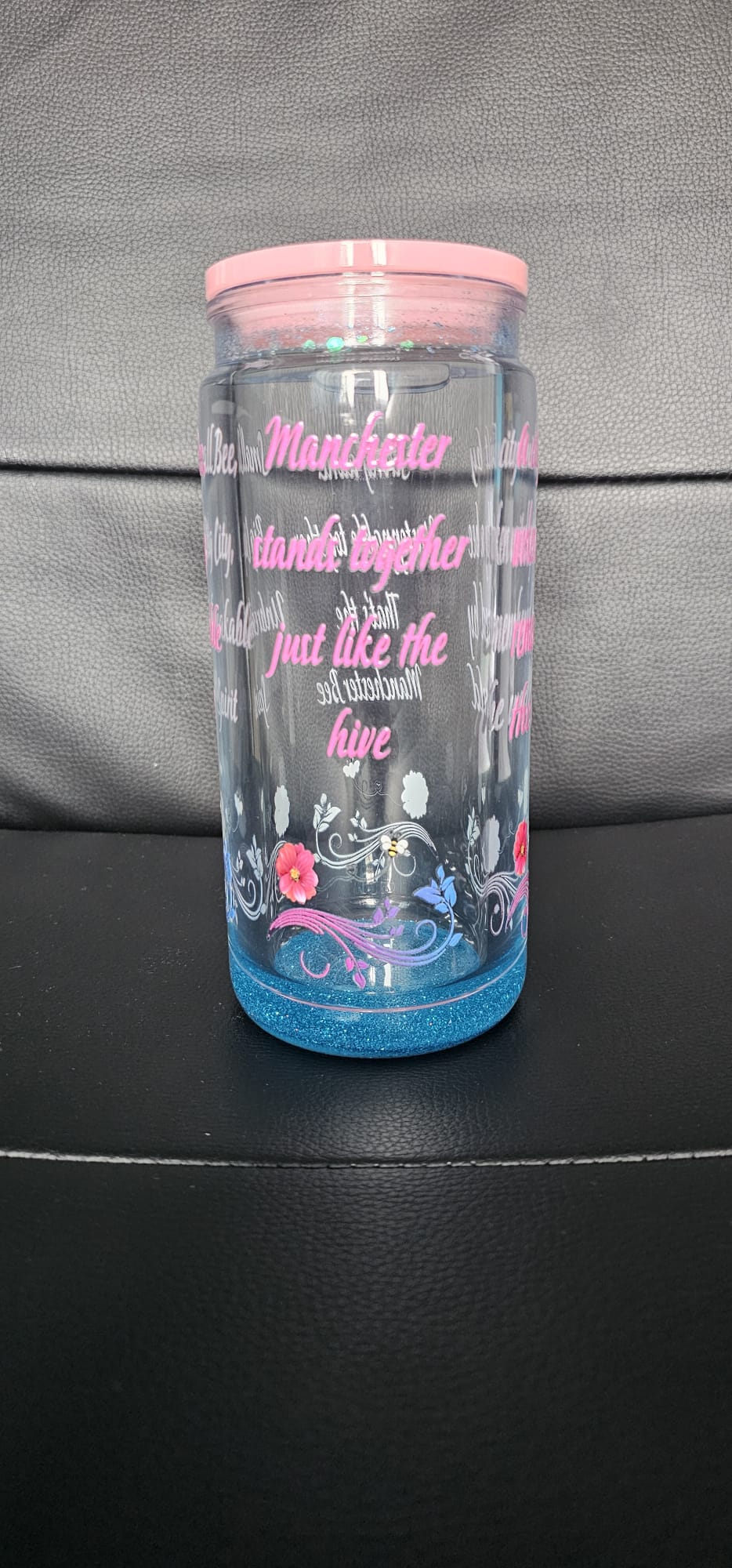 20oz Blue Glitter Snow Globe Tumbler, with quotes about Manchester | Handmade Glitter Tumbler | Sassy Sips by KHCH