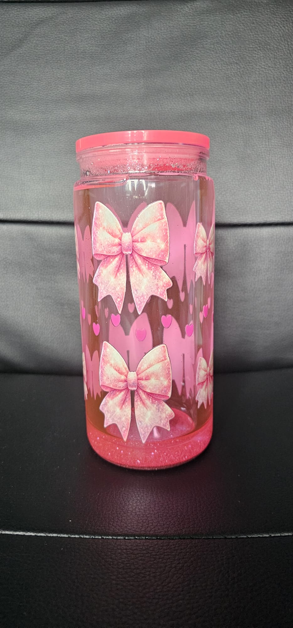 20oz Pink Glitter Snow Globe Tumbler with Bow Design | Handmade Glitter Cup | Sassy Sips by KHCH